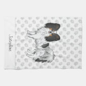 三色パピヨン手と名前を持つハッピードッグ キッチンタオル (横)