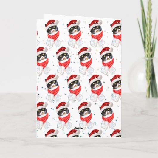 三色猫のクリスマス水彩画とスカーフ シーズンカード (裏面)