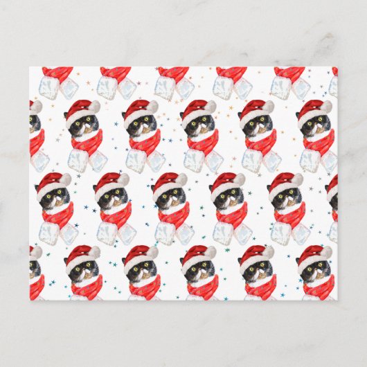 三色猫のクリスマス水彩画とスカーフ シーズンポストカード (正面)
