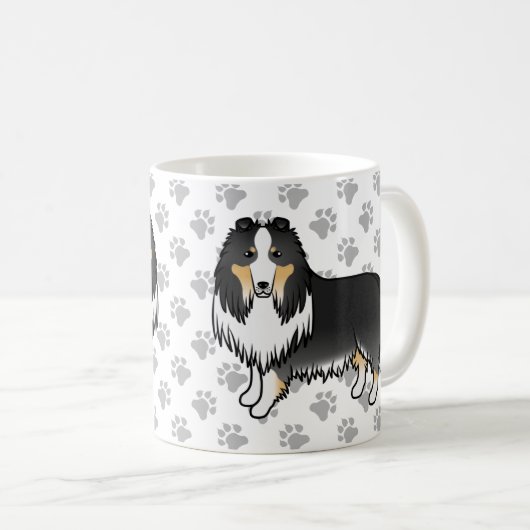 三色粗いコリーかわいい漫画の犬と手 コーヒーマグカップ (正面右)