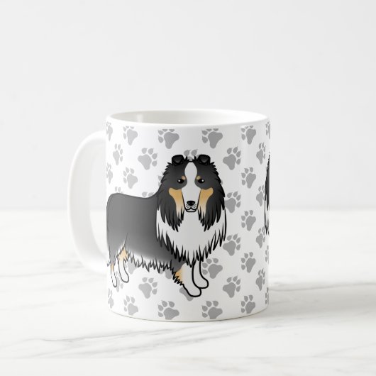 三色粗いコリーかわいい漫画の犬と手 コーヒーマグカップ (正面左)