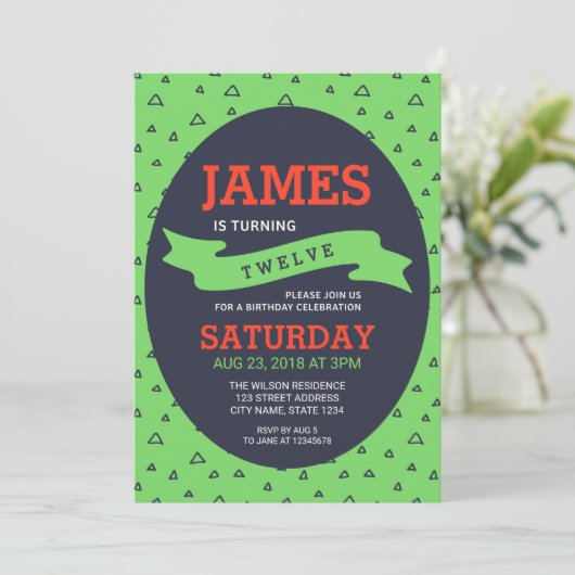 三角モダン緑と青の誕生日 招待状 (スタンド正面)