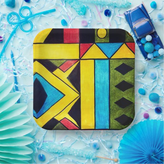 三角形と正方形のアフリカ色の抽象芸術 ペーパープレート (パーティー)