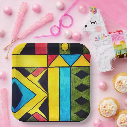 三角形と正方形のアフリカ色の抽象芸術 ペーパープレート (パーティー)