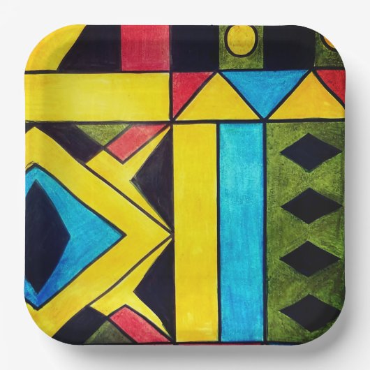 三角形と正方形のアフリカ色の抽象芸術 ペーパープレート (正面)