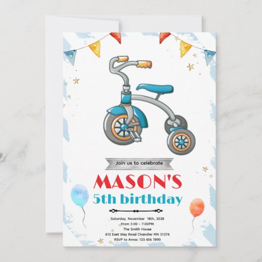 三輪車の誕生日パーティーの招待状 招待状 (正面)