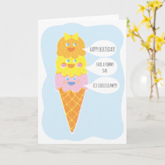 三重のスコップの女の子のアイスクリームの挨拶状 カード (黄色い花)
