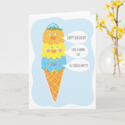 三重のスコップの男の子のアイスクリームの挨拶状 カード (黄色い花)
