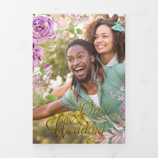 三重薄紫バラ結婚式招待状 三つ折り招待状 (カバー)