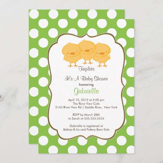 三重項のひよこのベビーシャワーの招待状の緑 招待状 (正面/裏面)