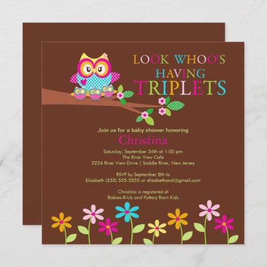 三重項のフクロウのベビーシャワー招待状 招待状 (正面/裏面)