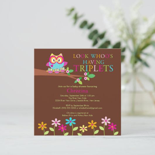 三重項のフクロウのベビーシャワー招待状 招待状 (スタンド正面)