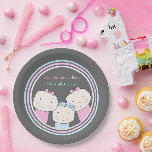 三重項の女の子の男の子のピンクの青色児の喜びのトリオ ペーパープレート (パーティー)