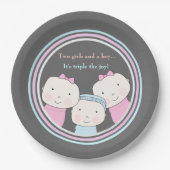 三重項の女の子の男の子のピンクの青色児の喜びのトリオ ペーパープレート (正面)
