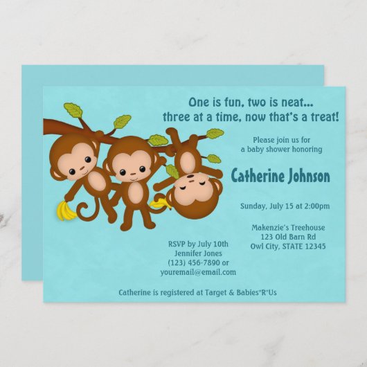 三重項はベビーシャワー招待状青いMM2をまねます 招待状 (正面/裏面)