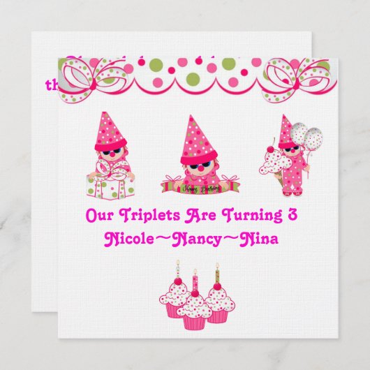 三重項は3誕生日の招待を回しています 招待状 (正面/裏面)