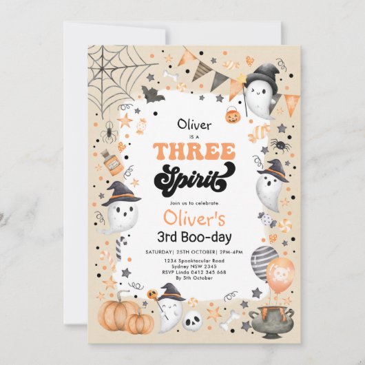 三霊 |かわいいハロウィーン幽霊3回目の誕生日 招待状 (正面)