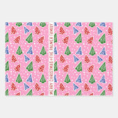 三音ピンクのクリスマスツリー雪と名前 ラッピングペーパーシート (正面3)
