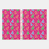 三音ピンクのクリスマスツリー雪と名前 ラッピングペーパーシート (正面)