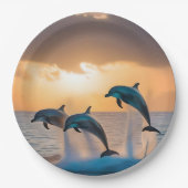 三頭のイルカが日没を見て飛び跳ねた。 ペーパープレート (正面)
