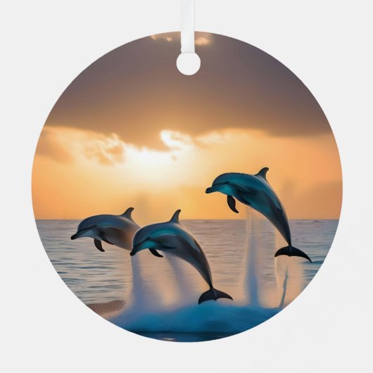 三頭のイルカが日没を見て飛び跳ねた。 メタルオーナメント (裏面)