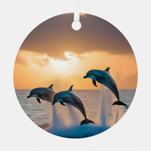 三頭のイルカが日没を見て飛び跳ねた。 メタルオーナメント (正面)