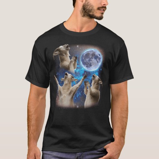 三頭のヤギが月風変わりミームヤギで吠え Tシャツ (正面)