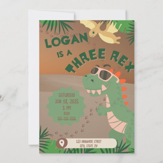 「三」レックス恐竜3回目の誕生日招待状 招待状 (正面)