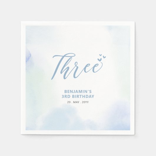 三 |青いハート&水彩少年の誕生日3 スタンダードカクテルナプキン (正面)