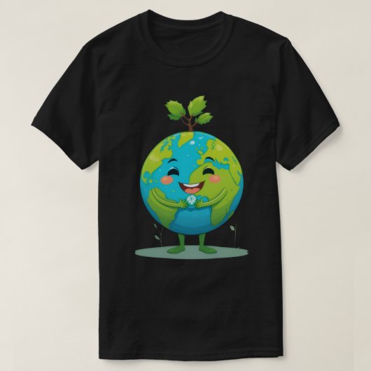 上から植物が生えているスマイルの地球のキャラクター Tシャツ (デザイン正面)
