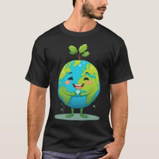 上から植物が生えているスマイルの地球のキャラクター Tシャツ