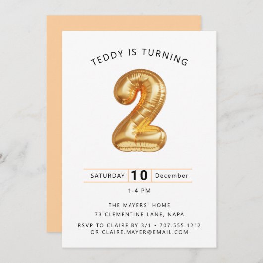 上がって上遠くに!バルーンをテーマにした2回目の誕生日パー 招待状 (正面/裏面)