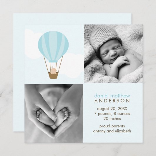 上がって上遠くに!男の子のベビーの出産のアナウンス 案内状 (正面/裏面)