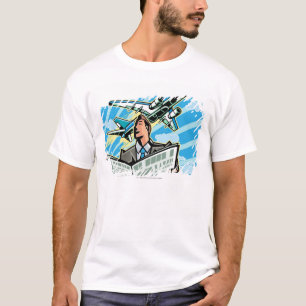 上で新聞および飛行機を持つビジネスマン Tシャツ