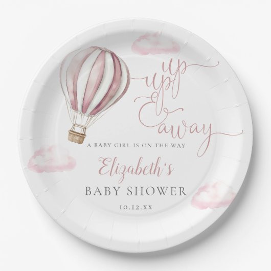 上とピンク遠くにのホットエアバルーン女の子の赤ちゃんシャワー ペーパープレート (正面)
