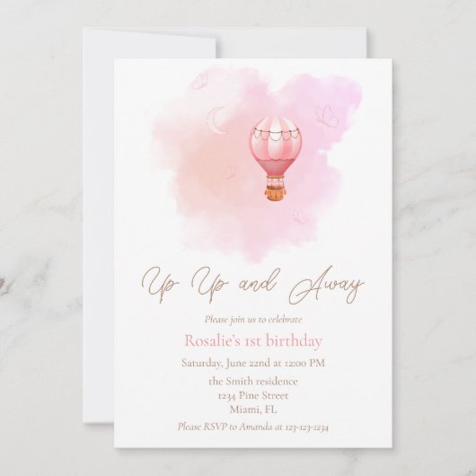 上と熱遠くに気球の最初の誕生日女の子 招待状 (正面)