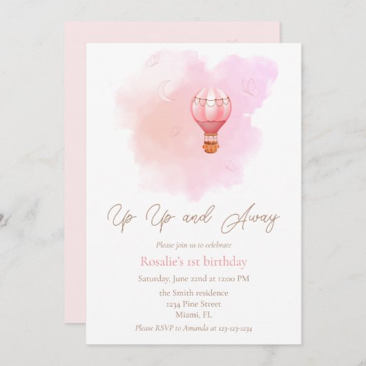上と熱遠くに気球の最初の誕生日女の子 招待状 (正面/裏面)
