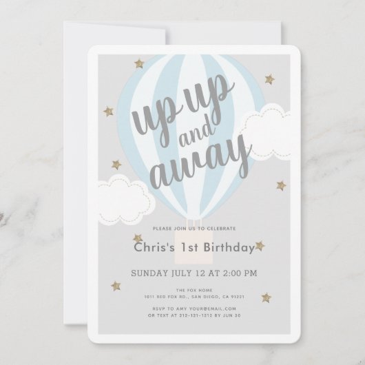 上と熱遠くに気球ブルーの誕生日 招待状 (正面)