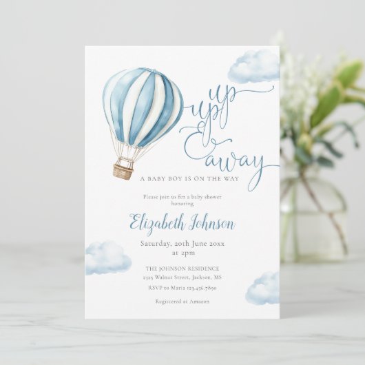 上と男の遠くに子の青の熱気球の赤ちゃんシャワー 招待状 (スタンド正面)