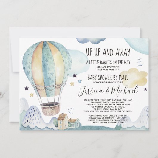 上と遠くに熱気球 |メールによるベビーシャワー 招待状 (正面)