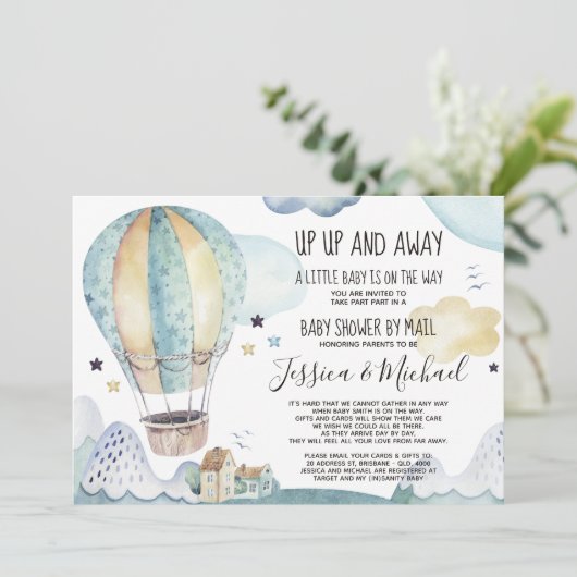 上と遠くに熱気球 |メールによるベビーシャワー 招待状 (スタンド正面)