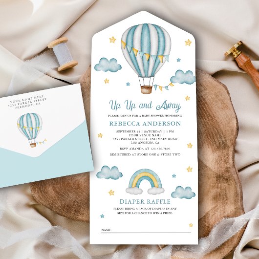 上と青の熱遠くに気球の赤ちゃんシャワー オールインワン招待状