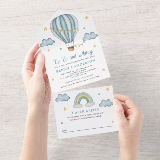 上と青の熱遠くに気球の赤ちゃんシャワー オールインワン招待状 (貼ってはがせる)