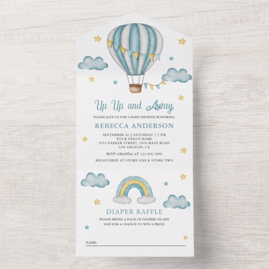 上と青の熱遠くに気球の赤ちゃんシャワー オールインワン招待状 (内側)