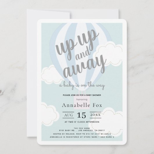 上と青の熱遠くに気球の赤ちゃんシャワー 招待状 (正面)