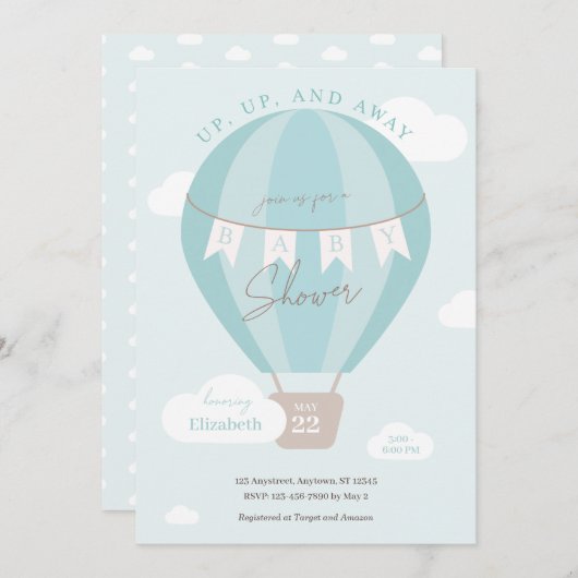 上と青の熱遠くに気球の赤ちゃんシャワー 招待状 (正面/裏面)