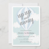 上と青の遠くに熱気球の最初の誕生日 招待状 (正面)