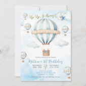 上と青遠くに熱気球ボーイ1st誕生日 招待状 (正面)