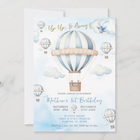 上と青遠くに熱気球ボーイ1st誕生日 招待状 (正面)