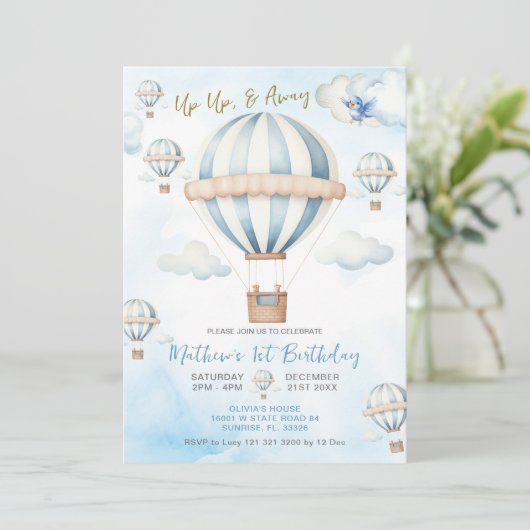 上と青遠くに熱気球ボーイ1st誕生日 招待状 (スタンド正面)